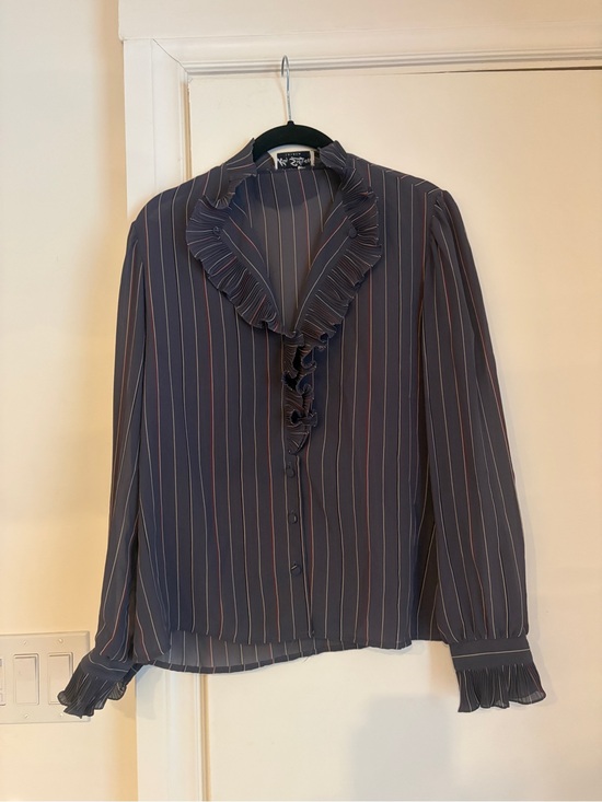 Vintage Tops - Vintage 70s Ruffle-Trim Navy Pinstripe Blouse